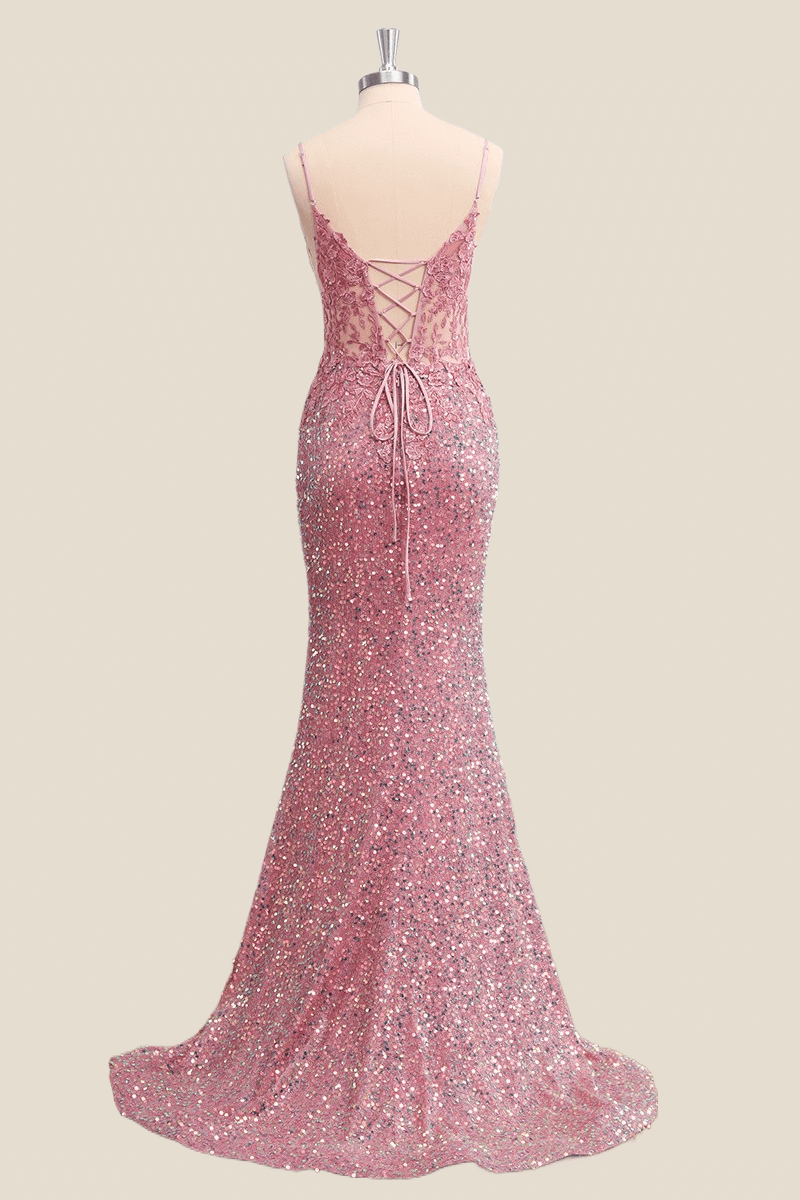 Pink Sequin Sheer Appliques Mermaid Long Party Dress