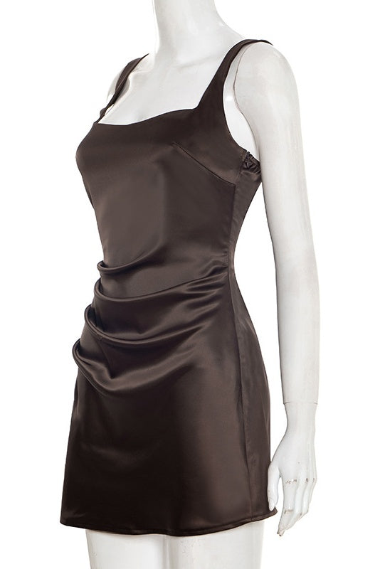 Brown Satin Square A-line Mini Dress