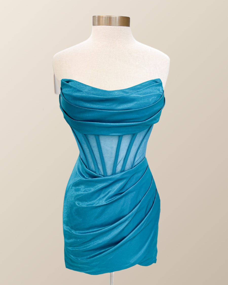 Ruched Strapless Blue Tight Mini Dress