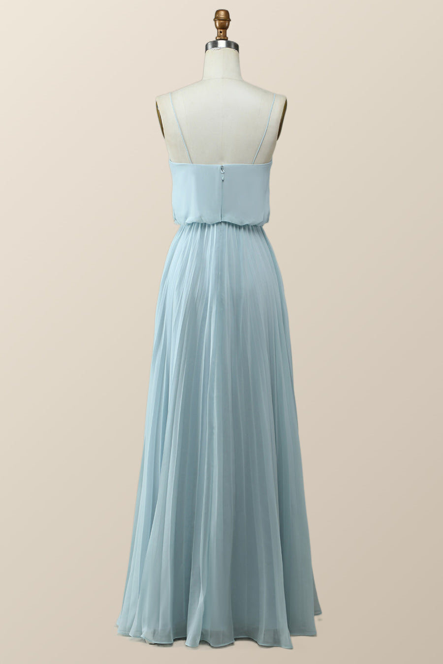 Straps Blue Pleated Full Length Dress