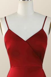 Straps Red Faux Wrap Ruffle Bridesmaid Dress