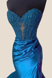 Sweetheart Blue Appliques Fitted Long Formal Dress