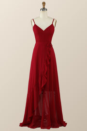 Wine Red Chiffon Wrap Ruffle Long Bridesmaid Dress