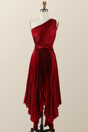 One Shoulder Pleated Red Asymmetric Dress