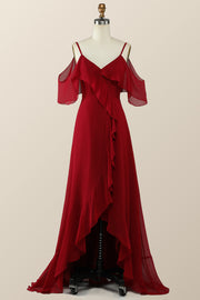 Cold Sleeves Wine Red Ruffle Long Bridesmaid Dress