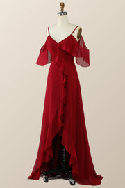 Cold Sleeves Wine Red Ruffle Long Bridesmaid Dress