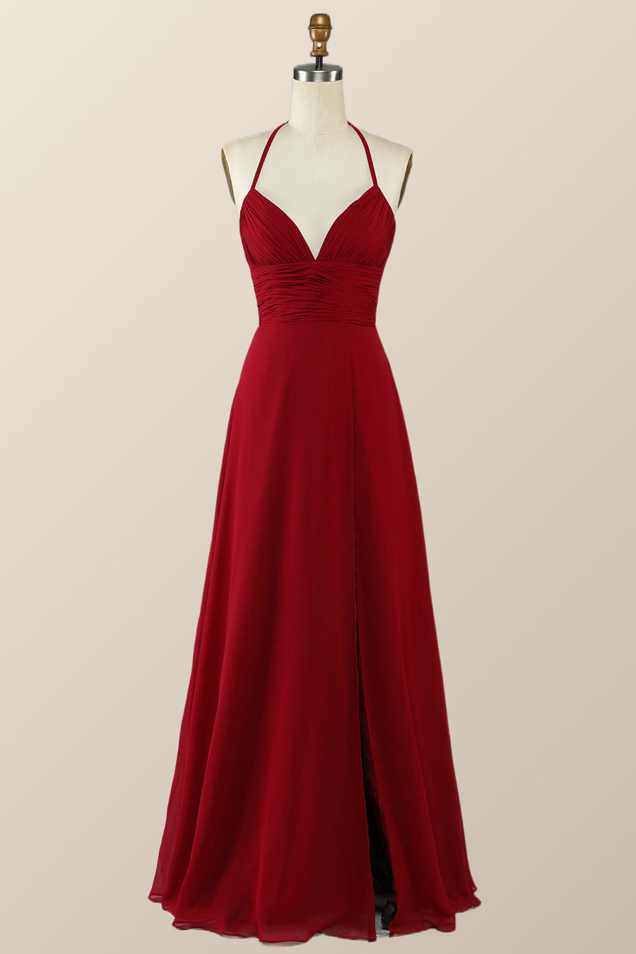 Halter Wine Red Empire A-line Long Bridesmaid Dress