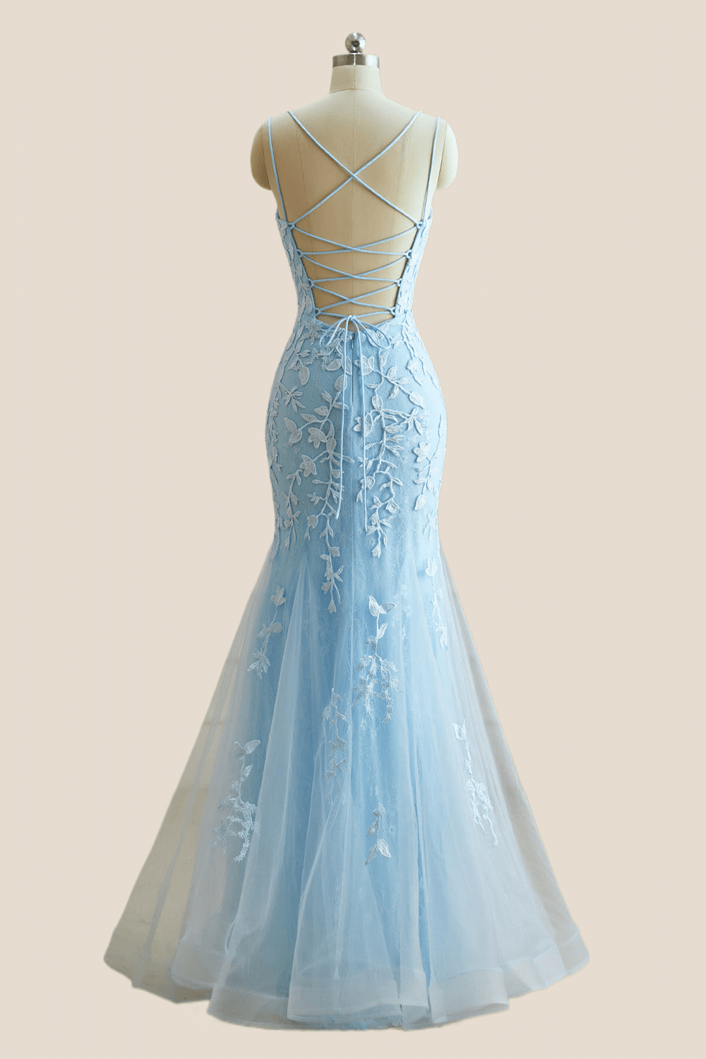 V Neck Light Blue Lace Mermaid Prom Dress