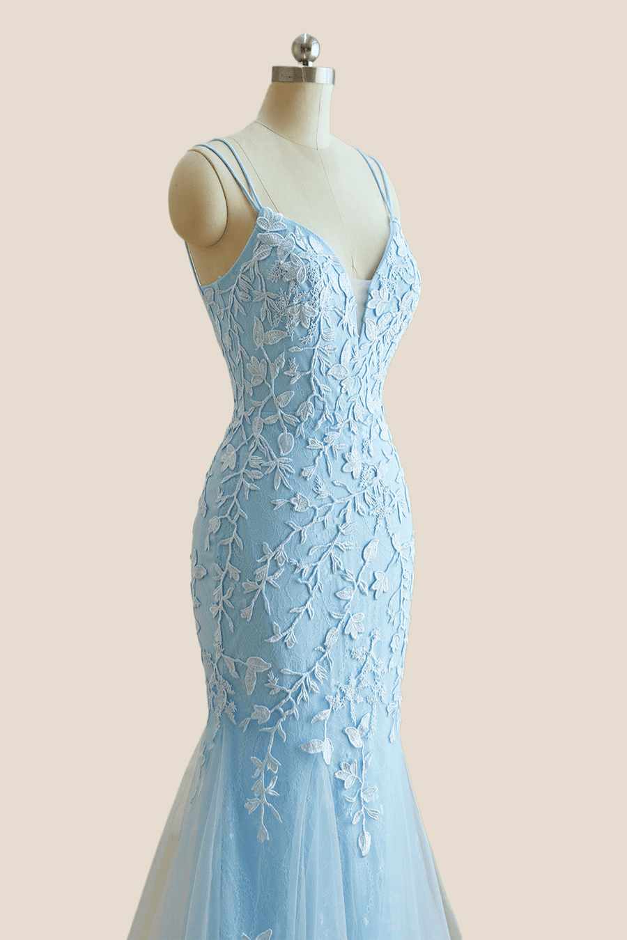 V Neck Light Blue Lace Mermaid Prom Dress