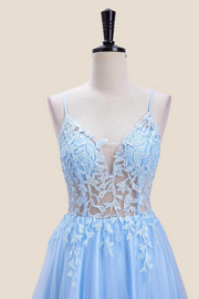 Straps Light Blue Lace and Tulle Long Formal Dress