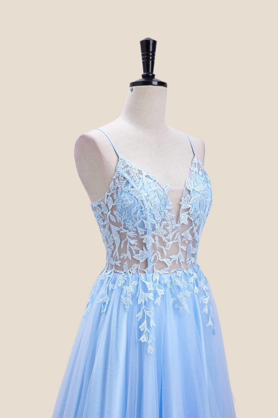 Straps Light Blue Lace and Tulle Long Formal Dress