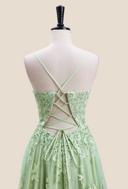 Sage Green Lace Appliques A-line Long Formal Dress