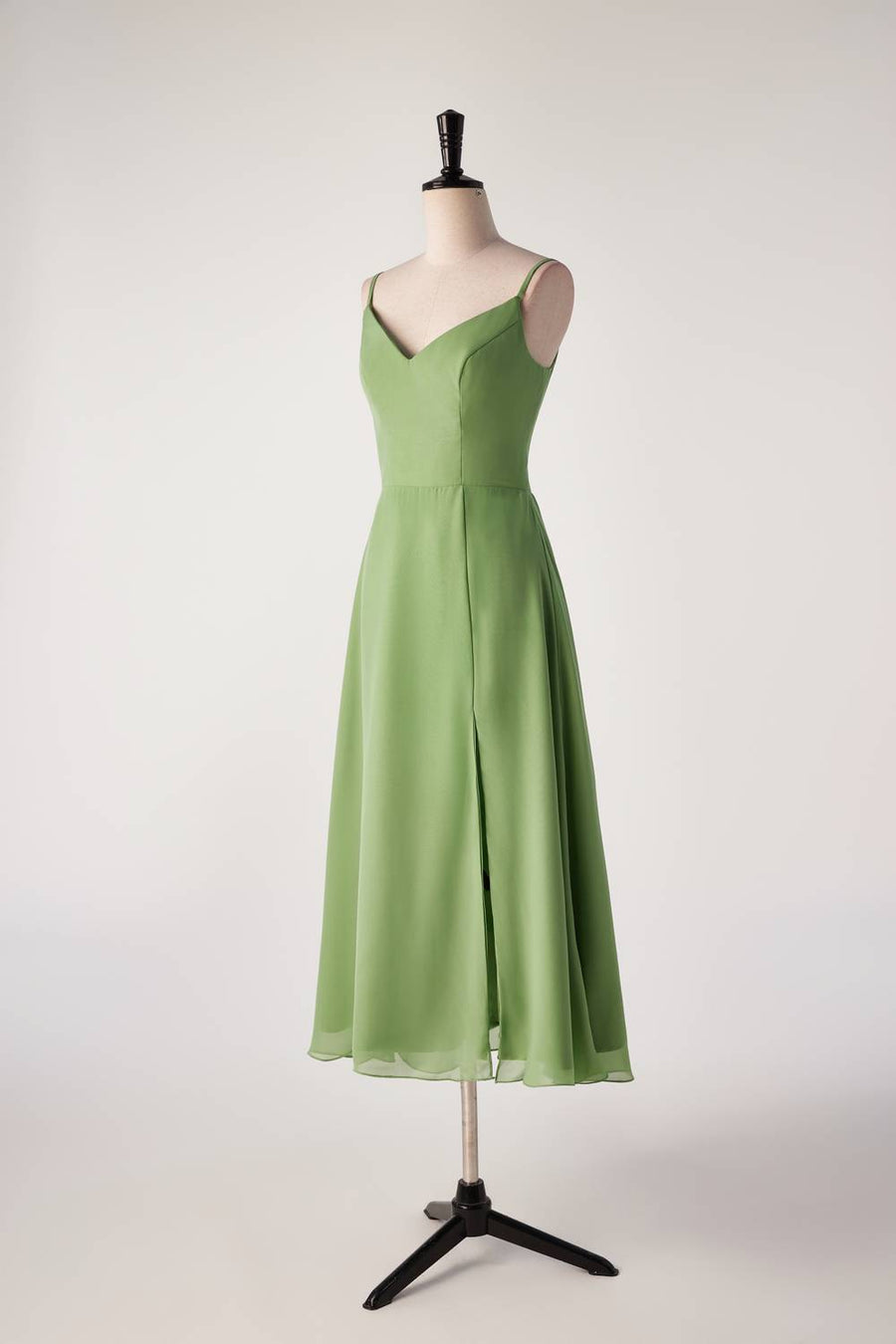 Matcha Green Straps Tea Length Bridesmaid Dress