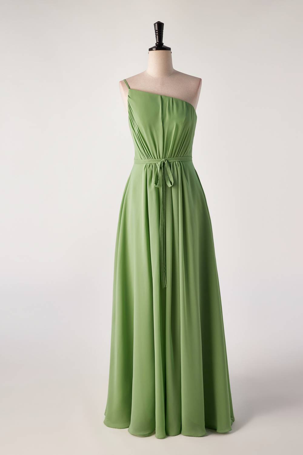 one shoulder matcha green long bridesmaid dress with sash $ 114 . 00