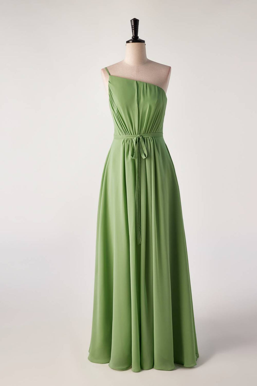 One Shoulder Matcha Green Long Bridesmaid Dress with Sash