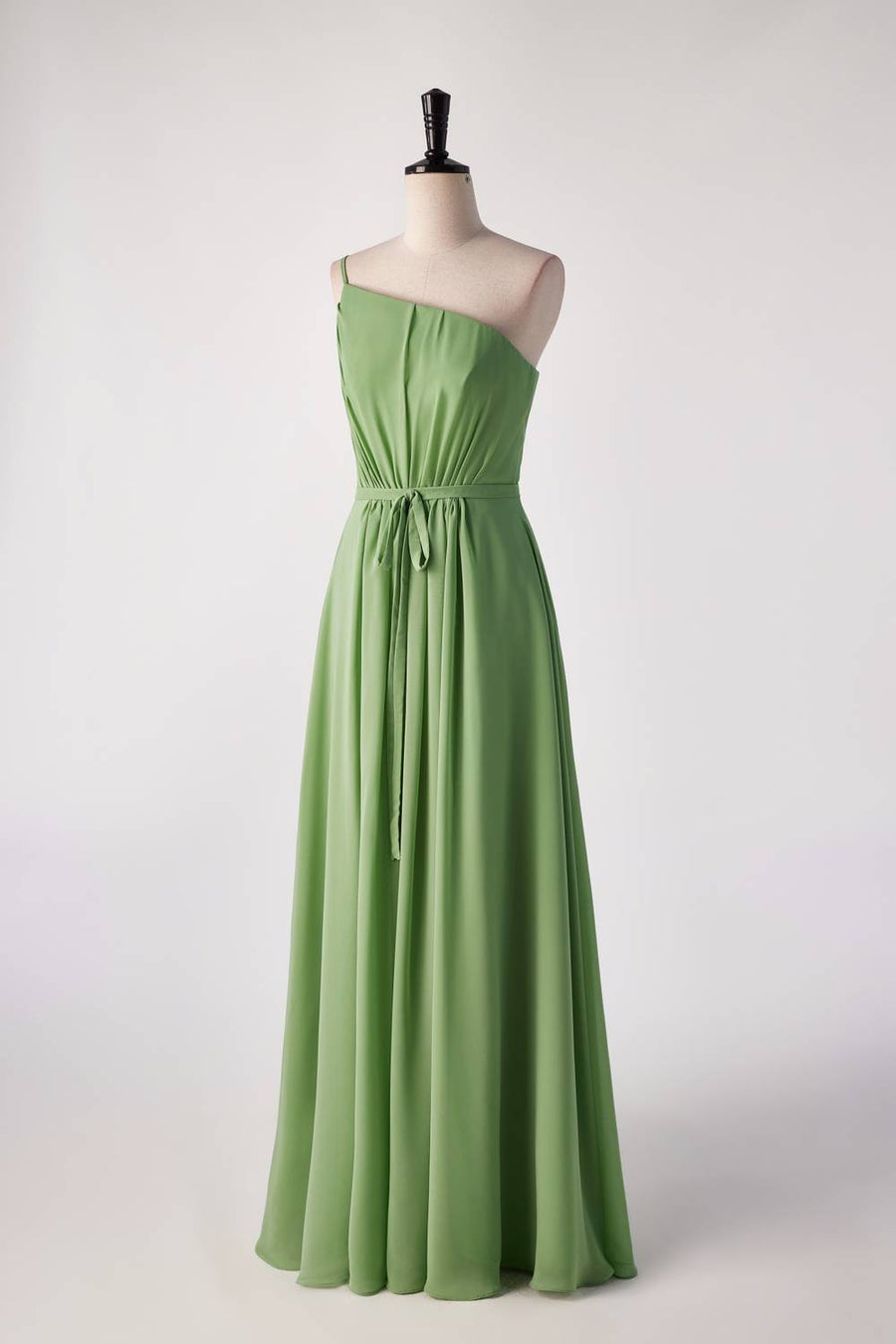 One Shoulder Matcha Green Long Bridesmaid Dress with Sash