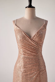 Champagne Sequin Pleated Mermaid Long Party Dress