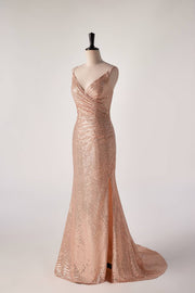 Champagne Sequin Pleated Mermaid Long Party Dress