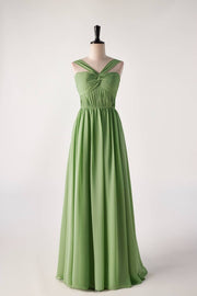 Pleated Halter Matcha Green Chiffon Long Bridesmaid Dress