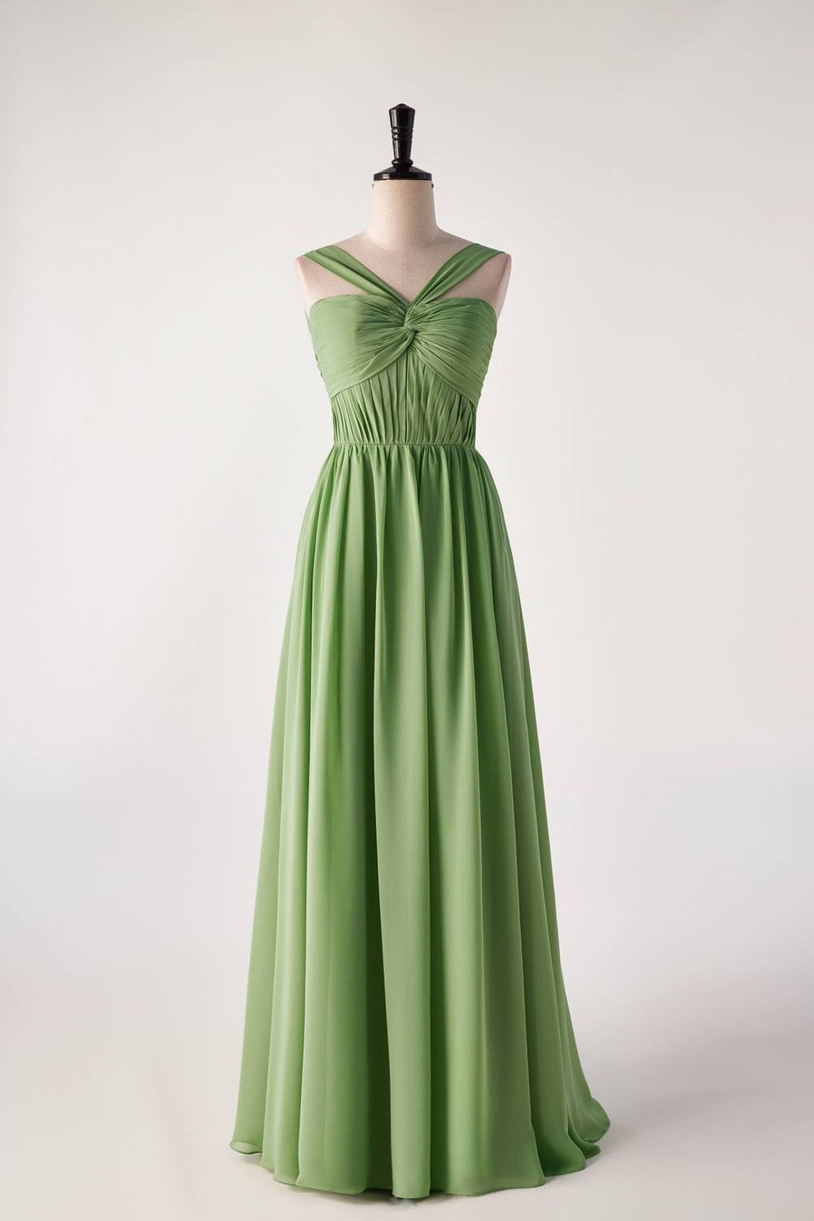 Pleated Halter Matcha Green Chiffon Long Bridesmaid Dress