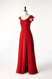 Scoop Rust Red Chiffon Long Bridesmaid Dress