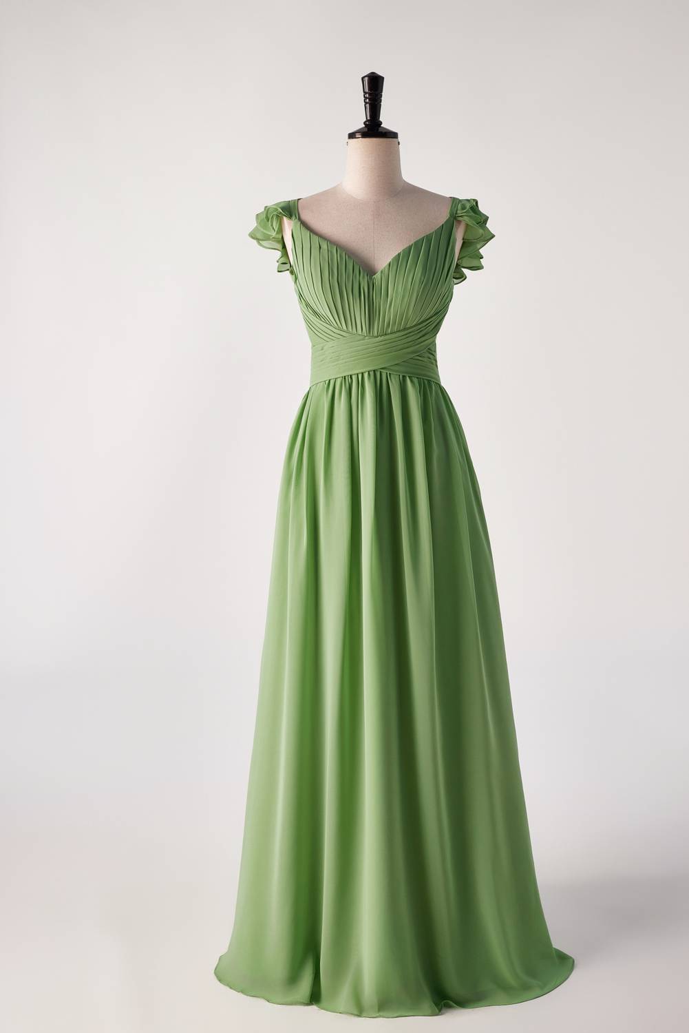 Flare Straps Matcha Green Long Bridesmaid Dress