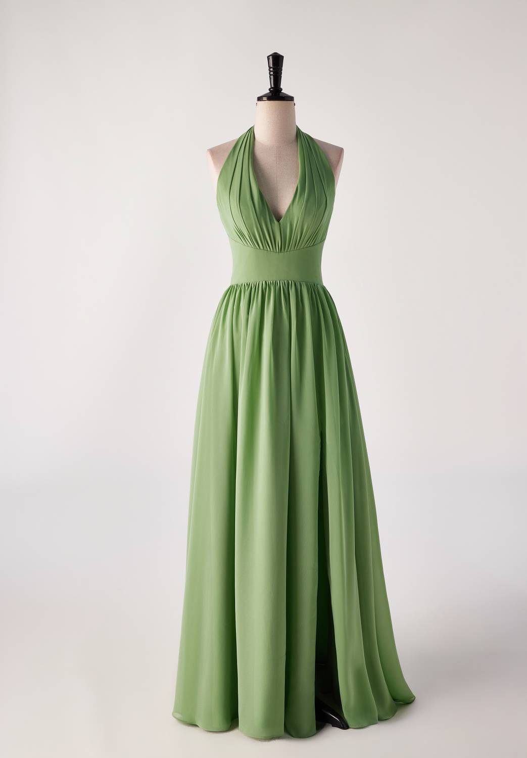 Halter V Neck Matcha Green Long Bridesmaid Dress