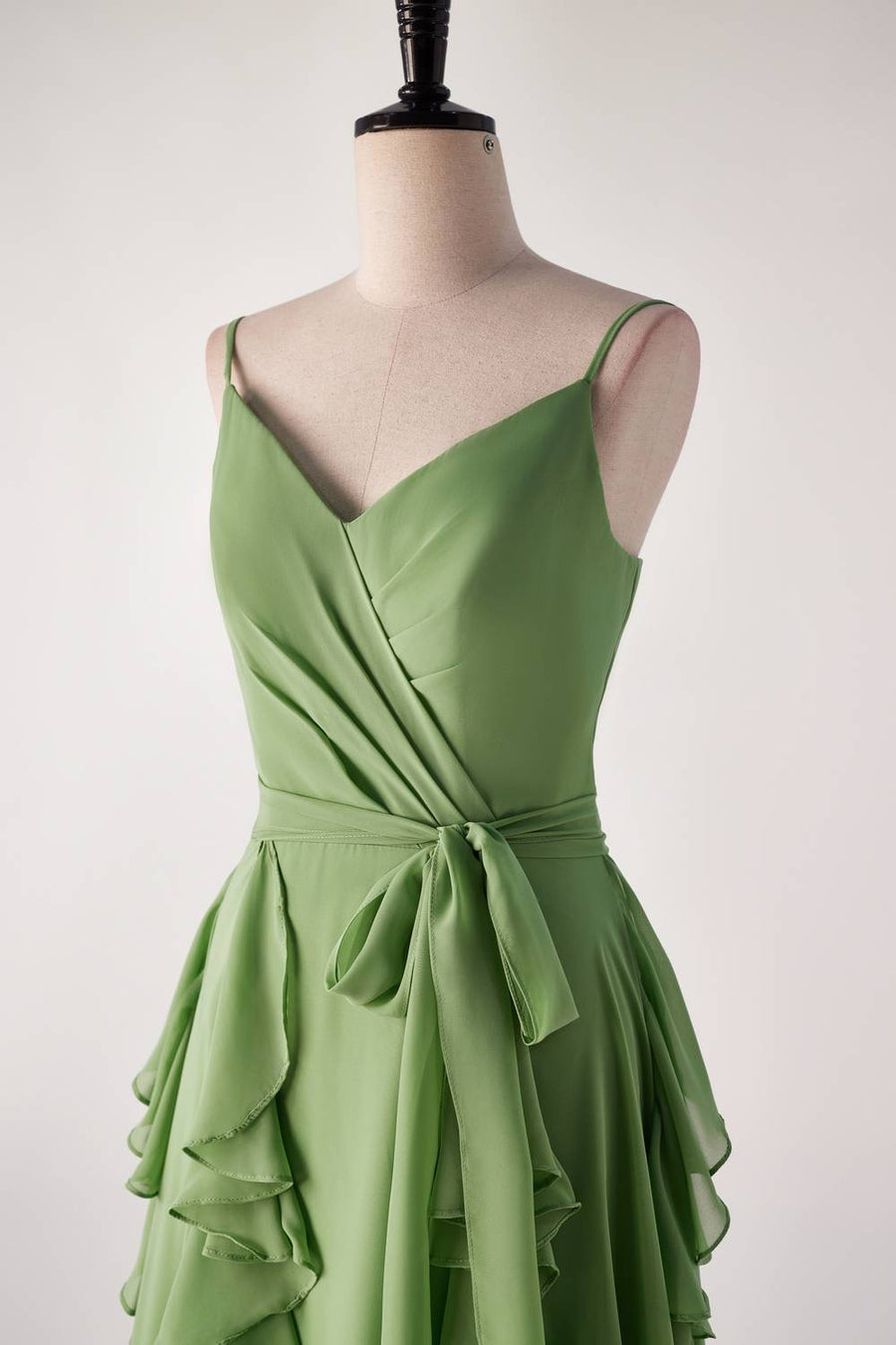Matcha Green Ruffles Faux Wrap Bridesmaid Dress