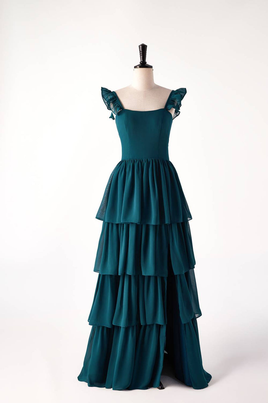 Straps Dark Blue Ruffle Long Bridesmaid Dress