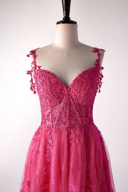 Off the Shoulder Hot Pink Lace A-line Formal Dress