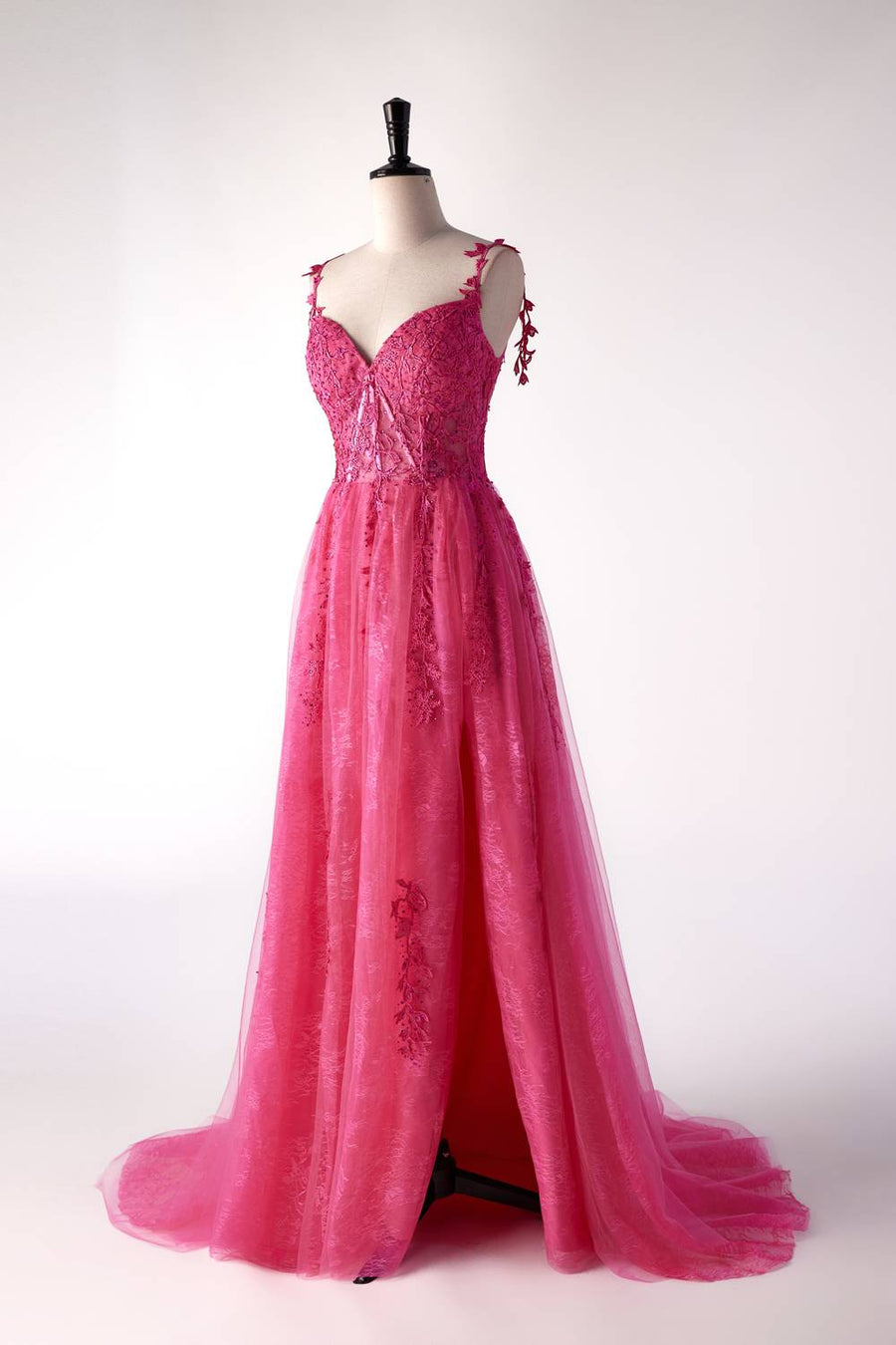 Off the Shoulder Hot Pink Lace A-line Formal Dress