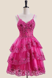 Hot Pink Appliques Short Ruffle Homecoming Dress