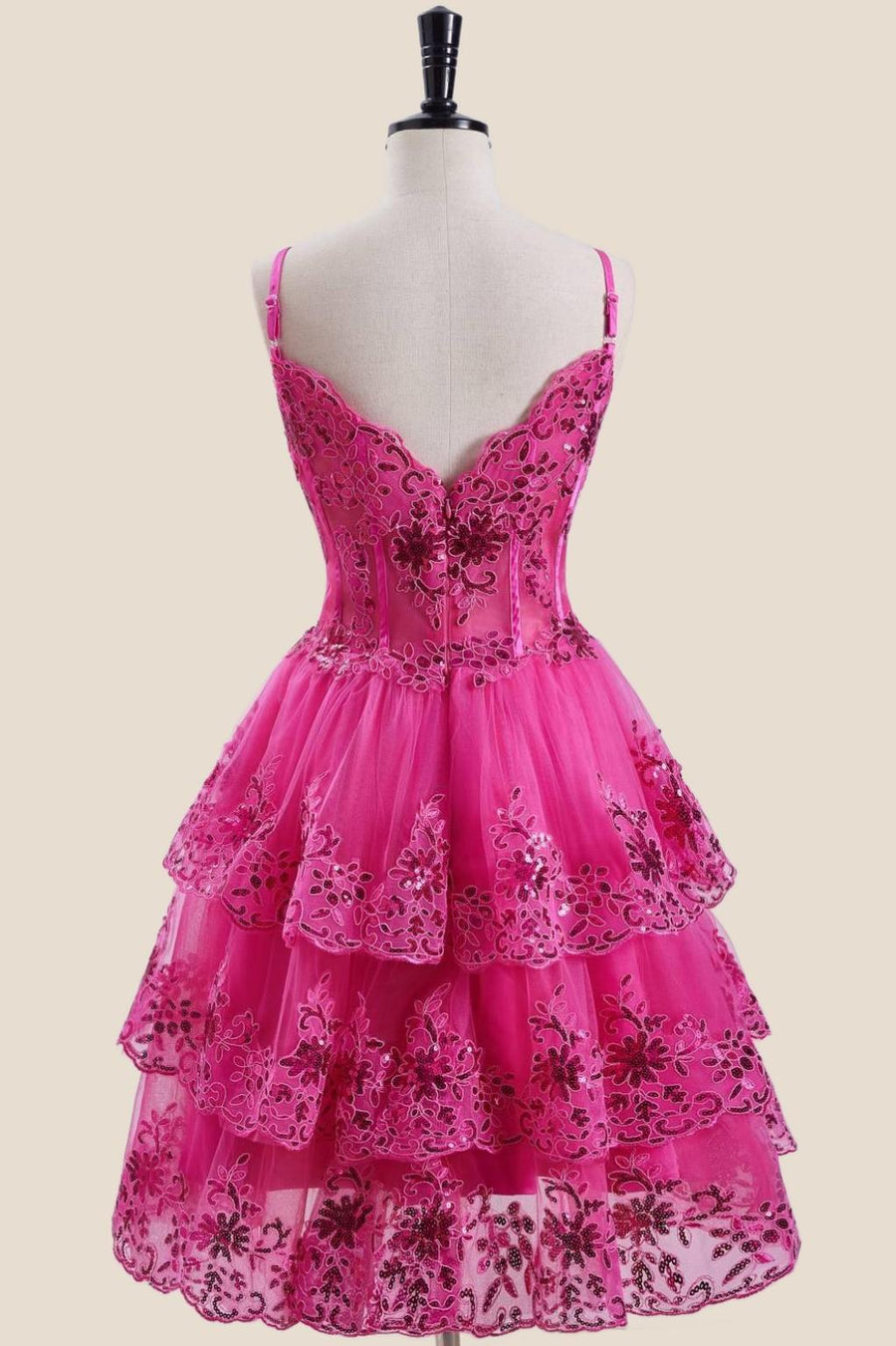 Hot Pink Appliques Short Ruffle Homecoming Dress