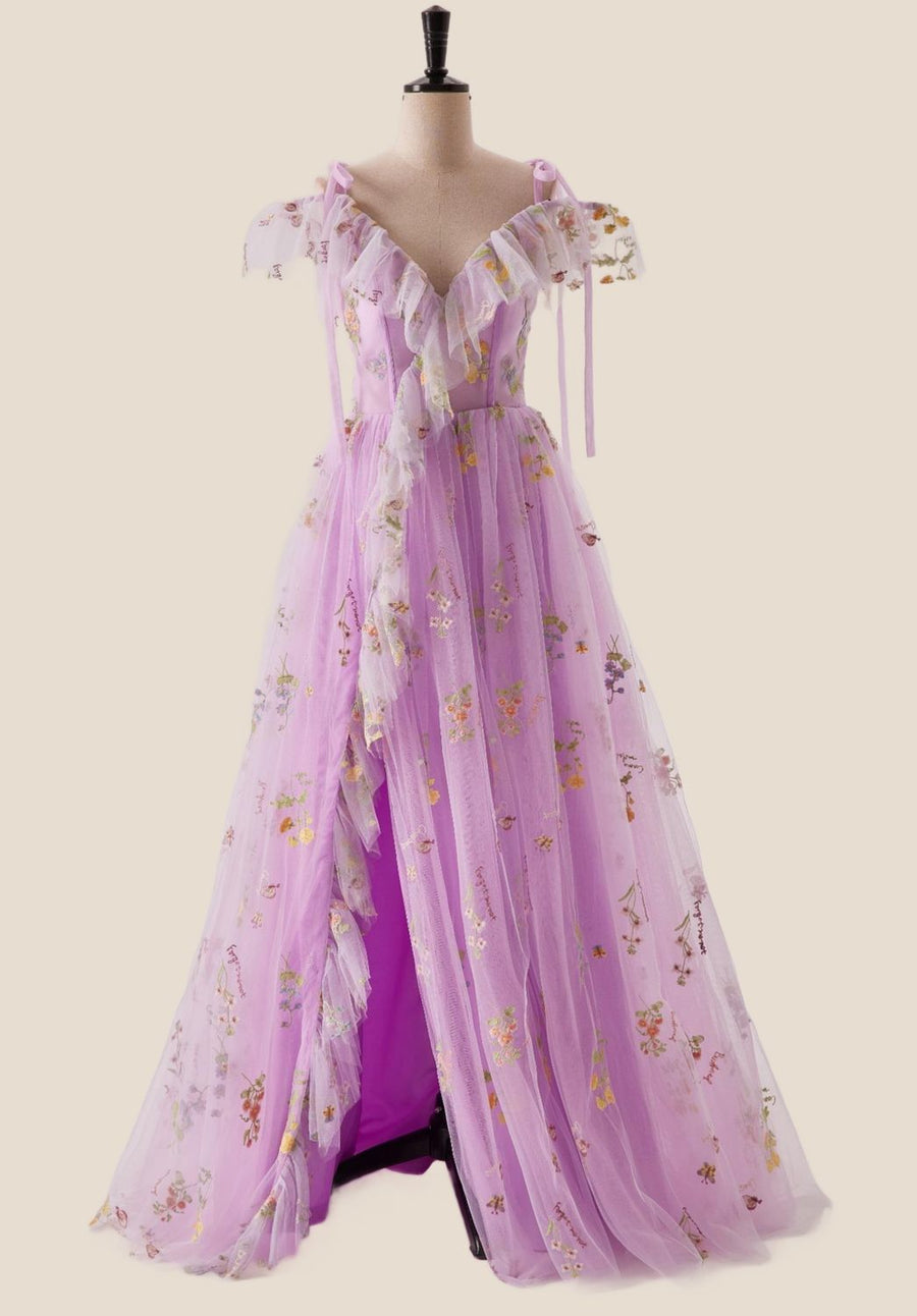 Off the Shoulder Lilac Floral Ruffles Formal Dress