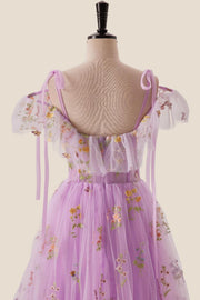 Off the Shoulder Lilac Floral Ruffles Formal Dress