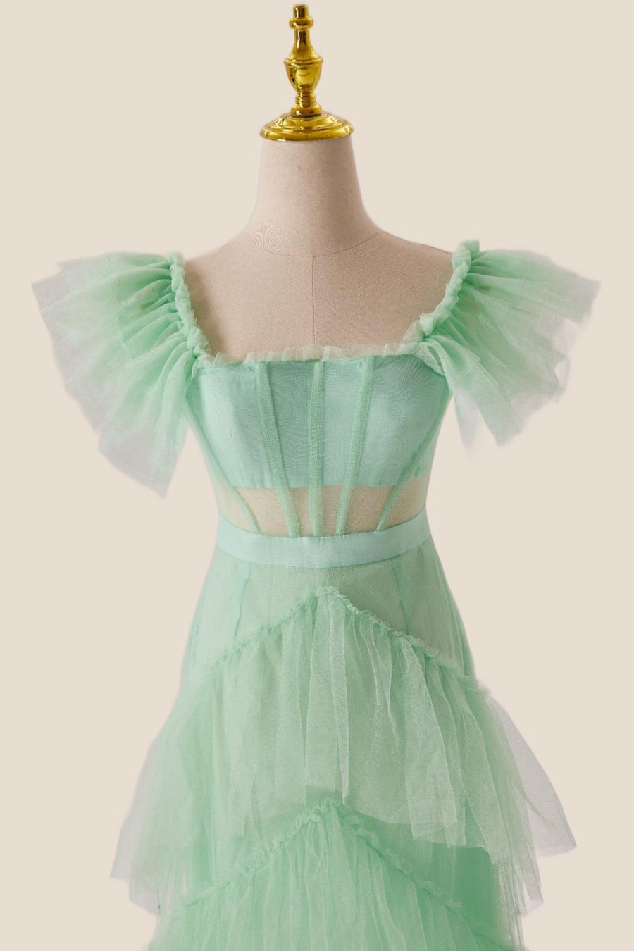 Mint Green Flare Sleeves Ruffles Long Party Dress