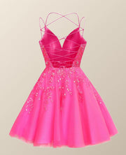 Straps Hot Pink Sequin A-line Short Dress