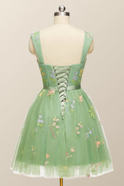 Green Floral A-line Short Princess Dress with Square Neck