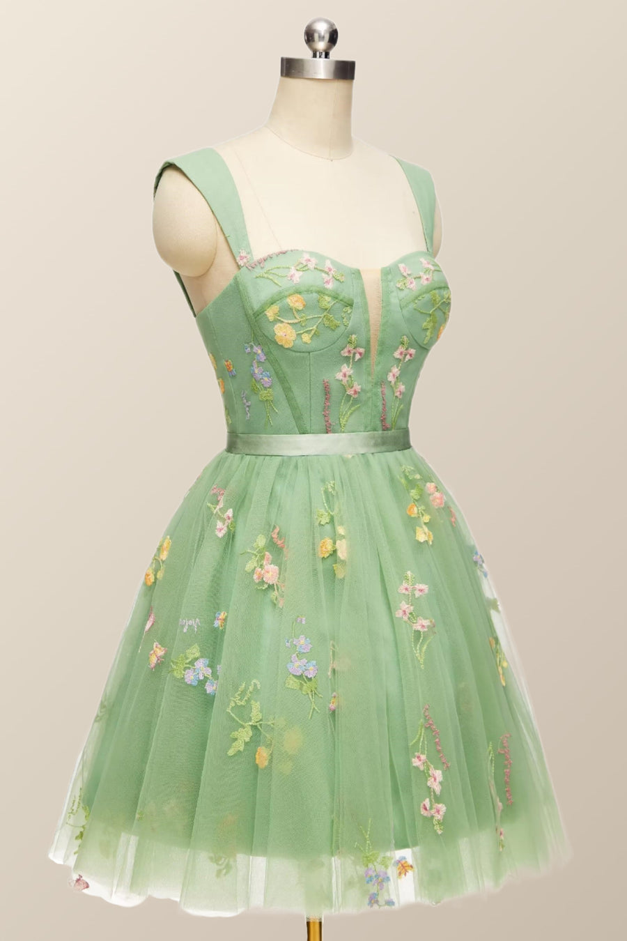 Green Floral A-line Short Princess Dress with Square Neck