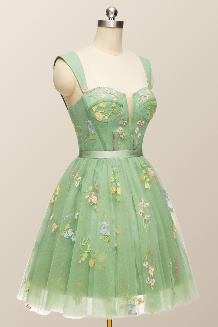 Green Floral A-line Short Princess Dress with Square Neck Ohmollydress Green Floral A-line Short Princess Dress with Square Neck Ohmollydress