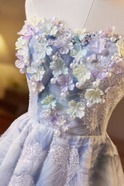 Strapless Blue Print A-line 3D Flowers Long Formal Gown