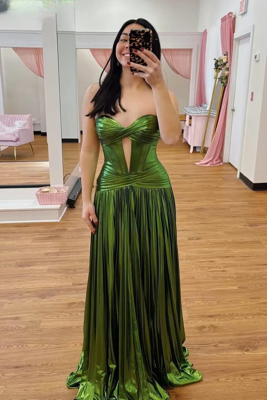 Double Twist Green Pleated Metallic Long Dress