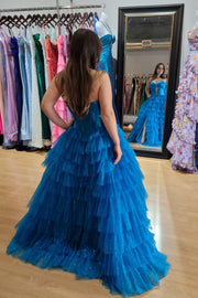 Strapless Fuchsia Tiered Tulle Long Dress with Slit