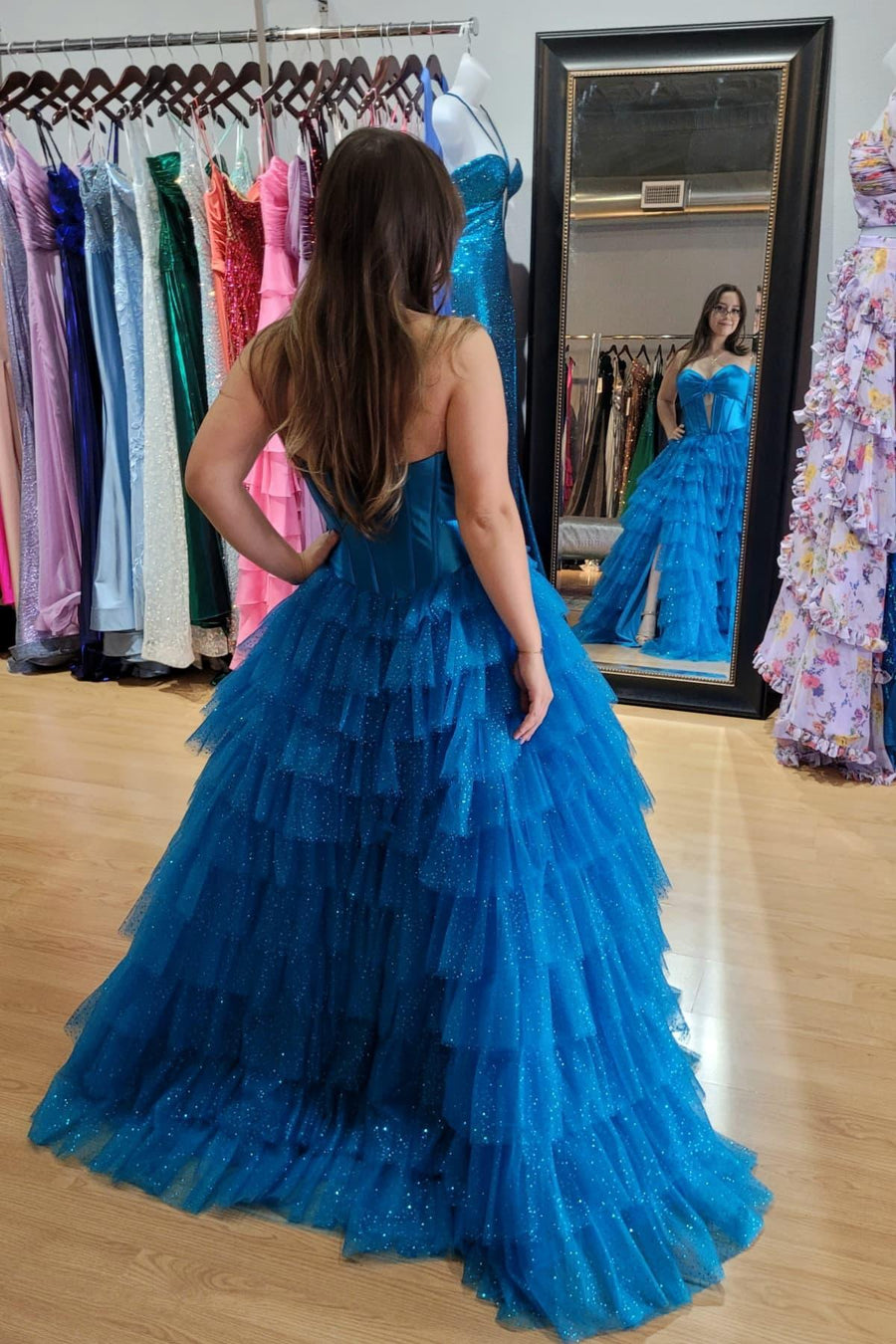 Strapless Fuchsia Tiered Tulle Long Dress with Slit