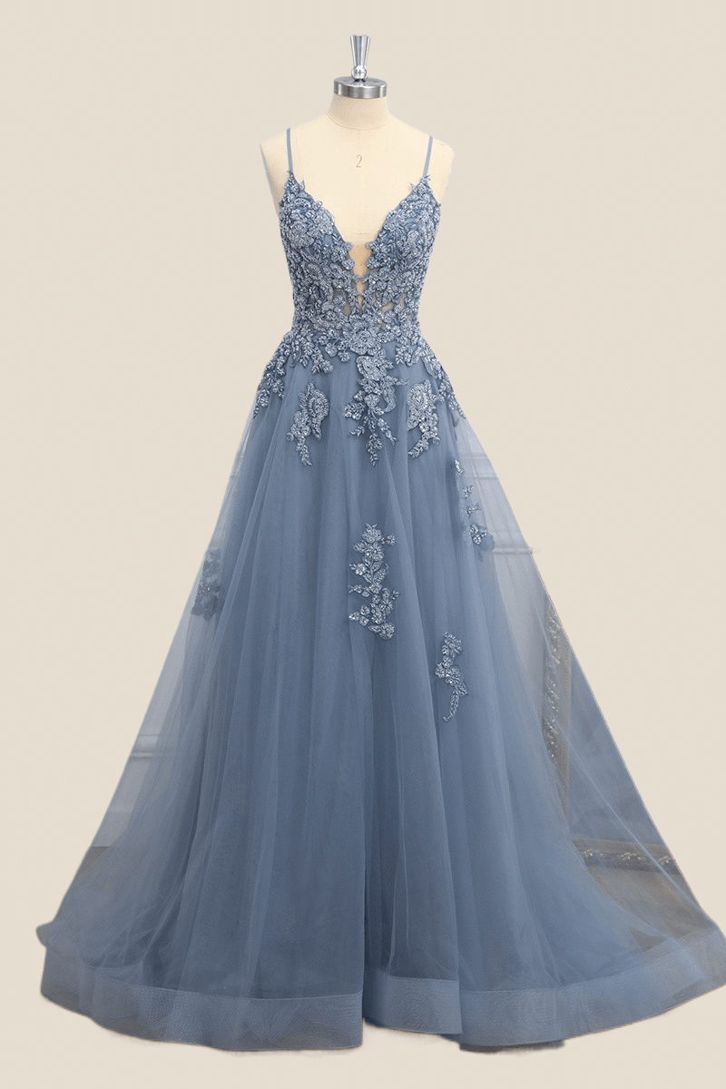 Misty Blue Lace Appliques Long Formal Dress