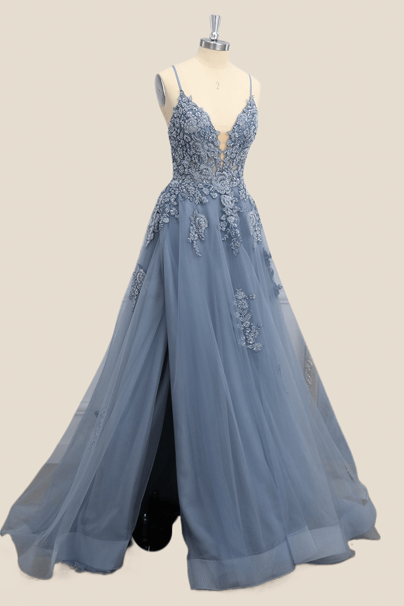 Misty Blue Lace Appliques Long Formal Dress