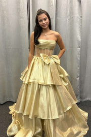Strapless Blue Tiered Long Dress with bow