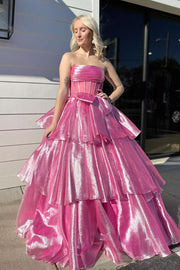 Strapless Blue Tiered Long Dress with bow