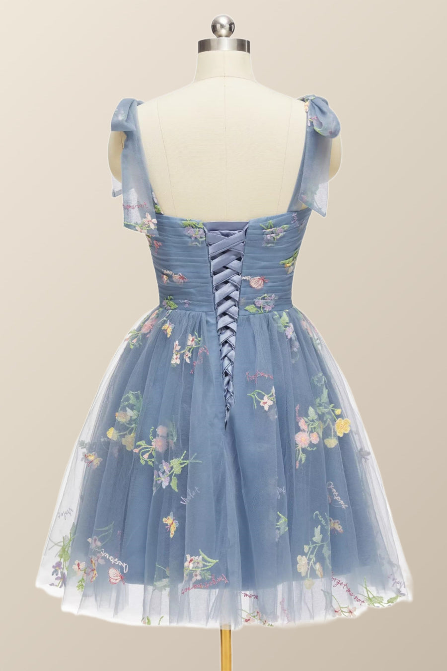 Tie Shoulders Blue Floral A-line Short Dress Ohmollydress Tie Shoulders Blue Floral A-line Short Dress Ohmollydress