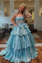 Strapless Blue Tiered Long Dress with bow